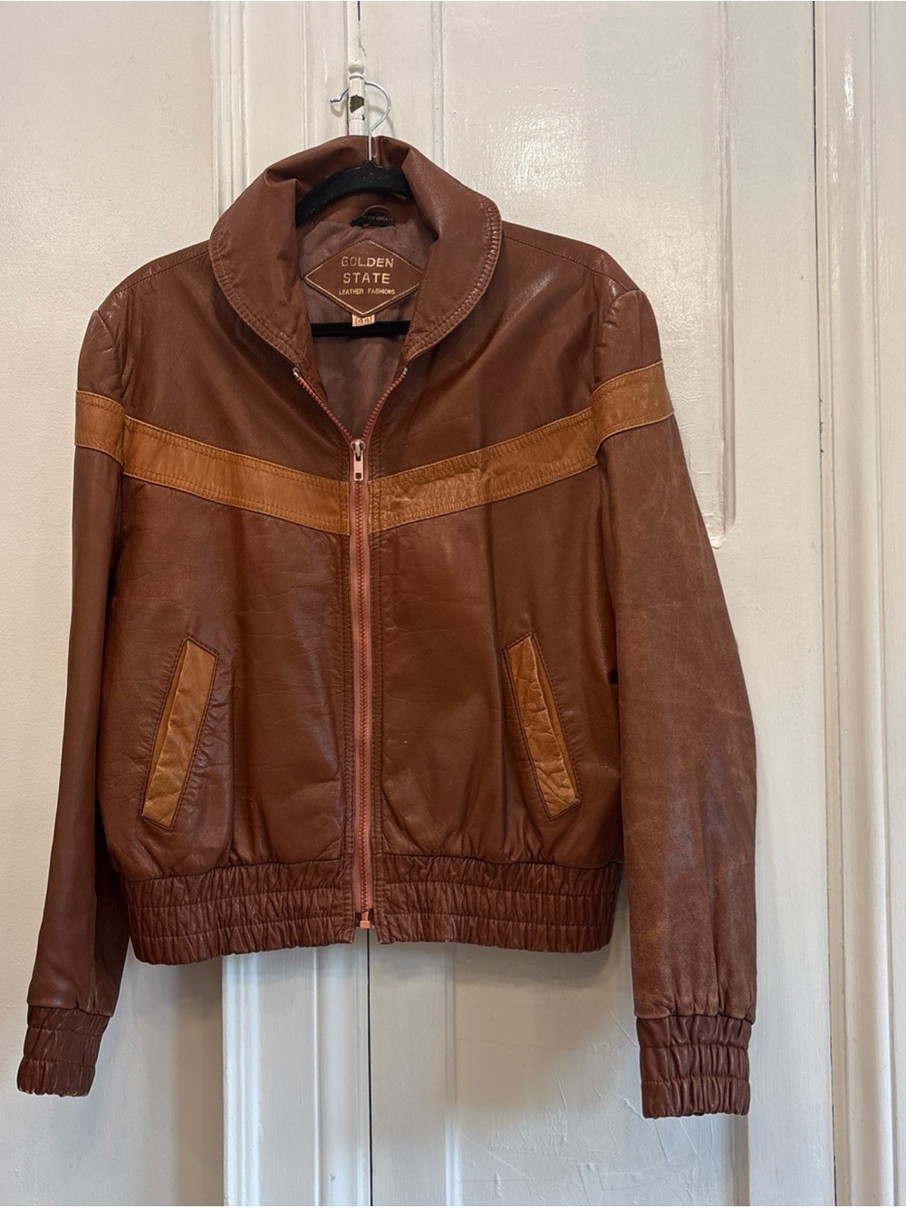 Vintage Golden State Brown Leather Bomber Jacket - size 44. Made in Korea